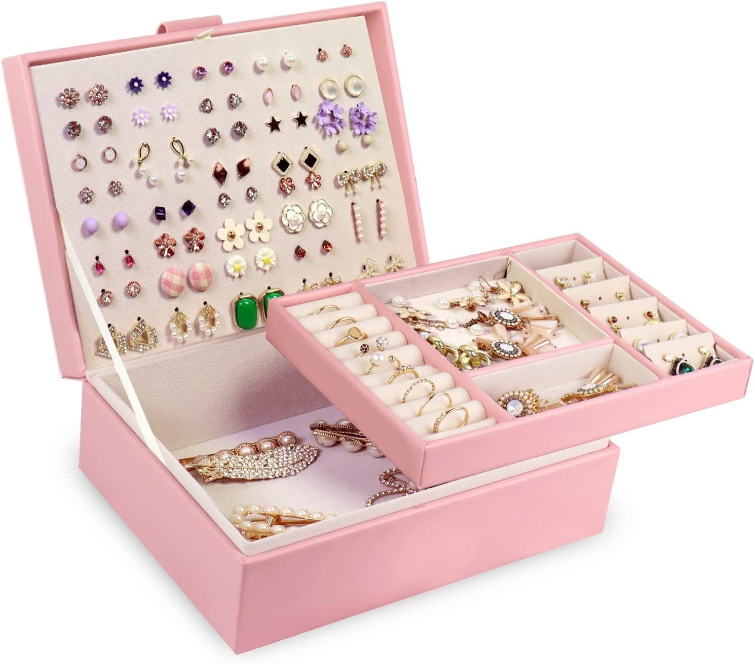 Jewelry Organizer Box, PU Leather Jewelry Boxes Necklaces Rings Earrings Holder Organizer Storage Case Double Layer Display Earrings Organizer Box Ele