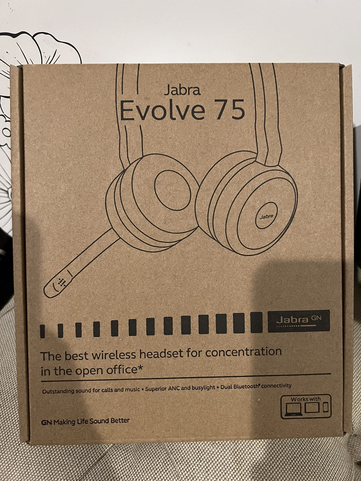 Brand New Evolve 75 Headset On Ear Bluetooth Wireless, Active Noise Canceling