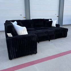 Soft Fluffy Black Corduroy Sectional Couch With Pop Up Bed And Storage - Delivery Available 🚚