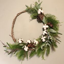 Artificial Cotton Wreath 16”