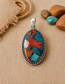 Spiny Oyster Mosaic Turquoise Sterling Silver 2” Gemstone Pendant