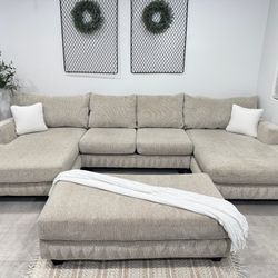 Beige Sectional Couch W/ Double Chaise & Ottoman