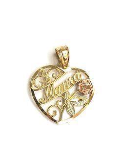 Heart with mama and flower pendant 14K REAL YELLOW AND ROSE GOLD.