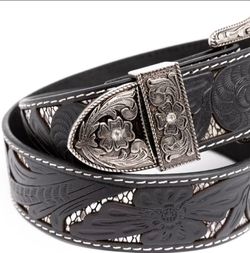 New Black & Silver Genuine Leather Belt