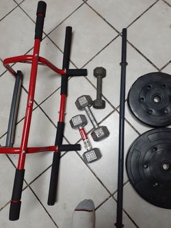 Barbell 2×25lbs ,2×15 lbs.dumbells 2x10lb.pull up bar