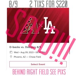 Arizona Diamondbacks Vs LA Dodgers 8/9 Sec RFW
