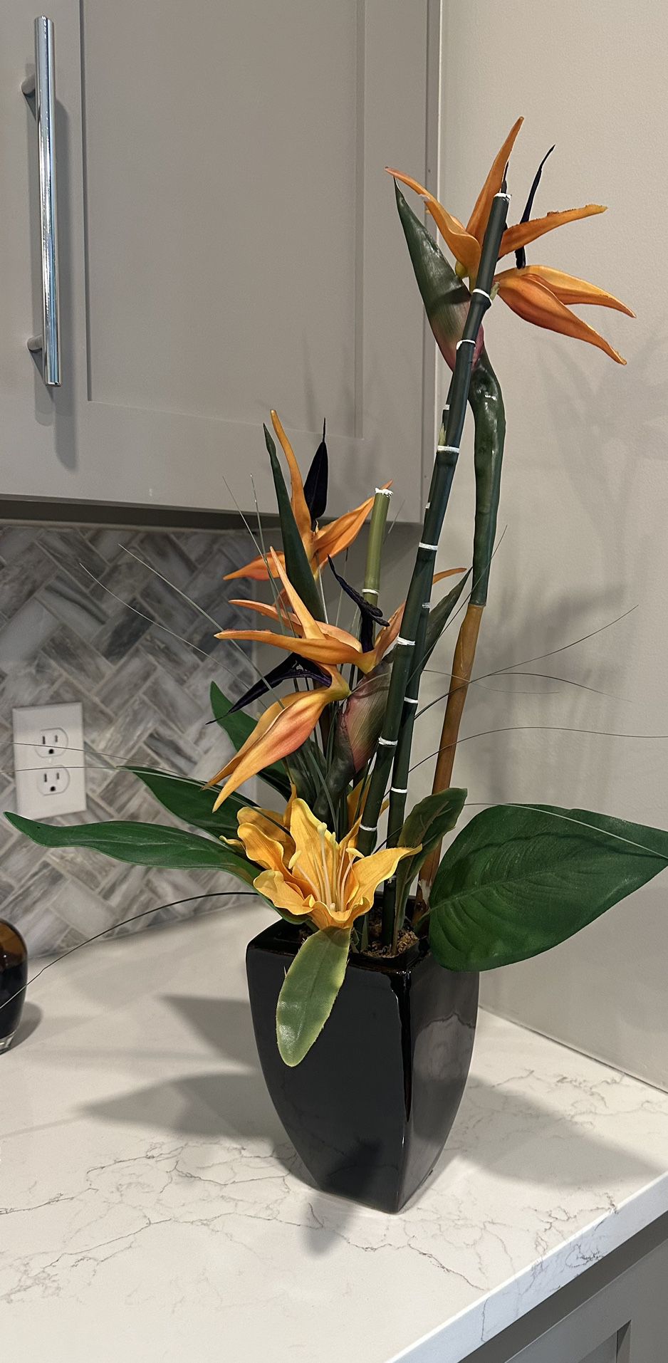 Flowers - Artificial - Orange Flowers In A Black Vase- Beautiful! 