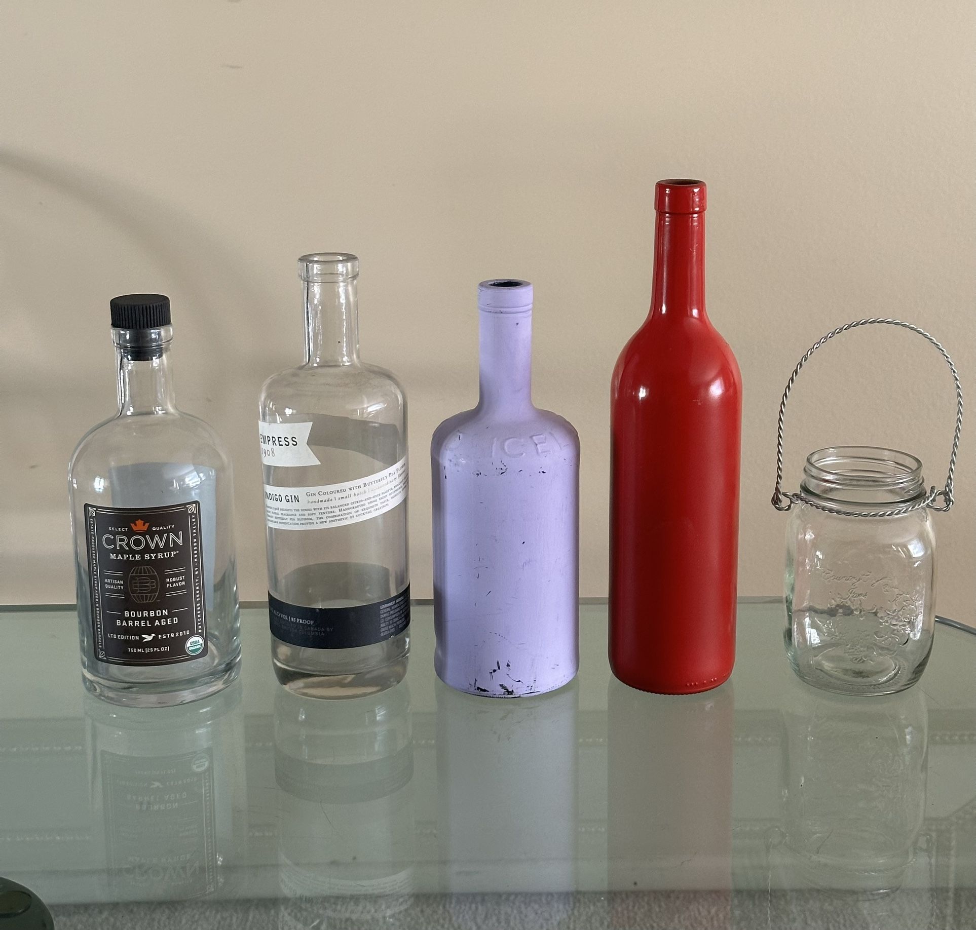 4 Empty Thick Glass Bottles And 1 Mason Hanging Jar Candleholder Vase