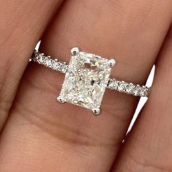 GIA Ladies Engagement Radiant Cut Diamond 1.83tcw Ring 18k White Gold Pave Style