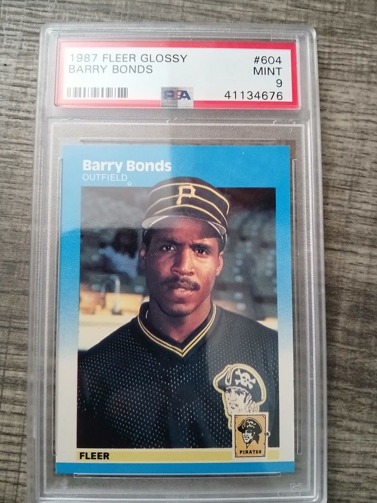 1987 Fleer Glossy Barry Bonds rookie card, card number #604, graded MINT 9 by PSA (Professional Sports Authenticator).