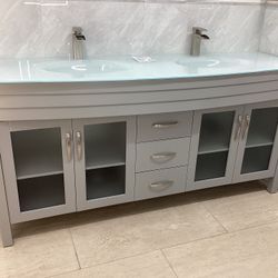 72” Bathroom Vanity Cabinet New Solid Wood Fully Assembled Softclose Drawers Doors Tempered Glass Top 2 Integrated Ready For Pick Up Today
