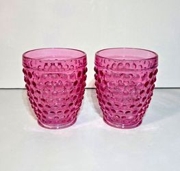 Pink Hobnail Glass 4" Tumblers Set of 2 Flash Painted Modern Art Deco Drinkware