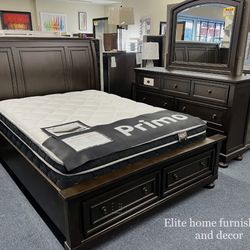 Queen Brown Bedroom Set ( Bed Frame, Dresser, Mirror And One Nightstand)