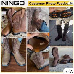 NINGO Men Square Steel Toe Work Boots Leather &Oxford Cloth Western Cowboy Boots