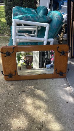Vintage Oak Wall Mirror with cast iron Coat Hooks