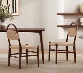 Modern Brown Rubber Wood Woven Dining Chair Armless Side Chair for Home Bar/Restaurant (Set of 2)