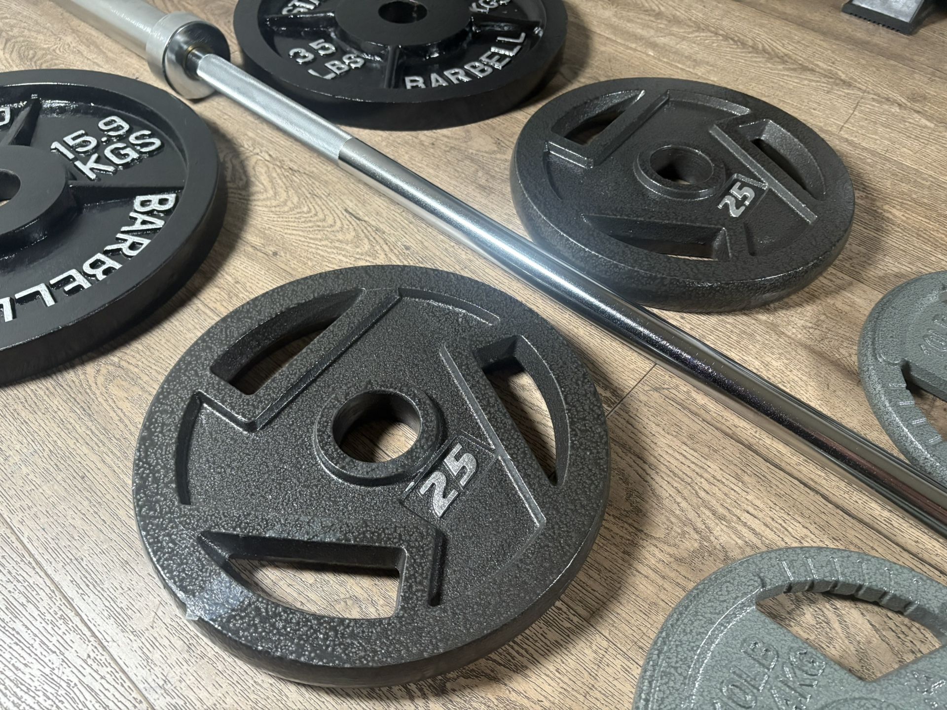 CUZ NEED THE $$ NEW Olympic Equipment: 6 ft Silver Bar & Weight Plates 35s, 25s, and 10s lbs. Total: 180 lbs [ NO, No Better Price]