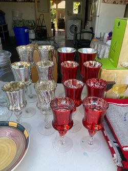 Mercury Glass Goblets Set Silver and Red