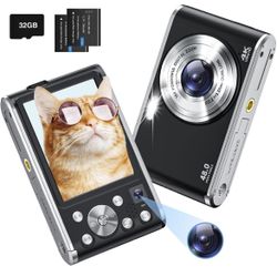 4K Digital Camera Autofocus Vlogging Camera Kids with Front Rear Lens, 32GB Card, 2 Batteries, 48MP 16X Digital Zoom Anti-Shake Time Stamp,