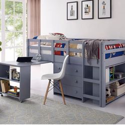 Grey Wooden Loft Twin Bed With Desk 