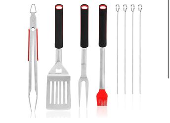 BBQ Grill Tools Set, 9pcs Grill Utensils Kit with Heavy Duty Stainless Steel Spatula, Fork, Basting Brush, Tongs & Skewers, Barbecue Grilling Accessor