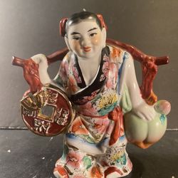 Vintage Chinese Handpainted Porcelain Mudman Holding Good-Luck/Wealth Coin Figurine