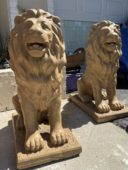 Pair Of Cement LION Statues- Good Condition 36”H