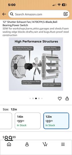Brand: DeebooTEK 12" Shutter Exhaust Fan, 1470CFM,5-Blade, Ball Bearing, Power Switch 50W for workshops,barns, attics, garages and sheds.Foam sealing