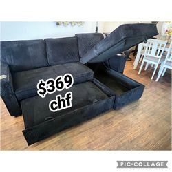Black corduroy sectional sleeper sofa with pull out bed 