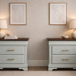 Pair of Solid Wood Nightstands – Walnut Tops & Champagne Bronze Hardware