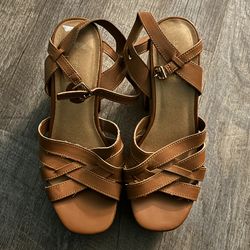 Brown Faux Leather Strappy Platform Block Heel Sandals Buckle Adjustable Strap