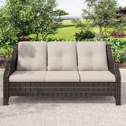3-Seat Wicker Outdoor Patio Sofa Sectional Couch with BeigeCushions