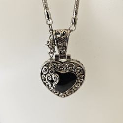 Vintage Sterling Silver Heart Necklace w/ Black Stone