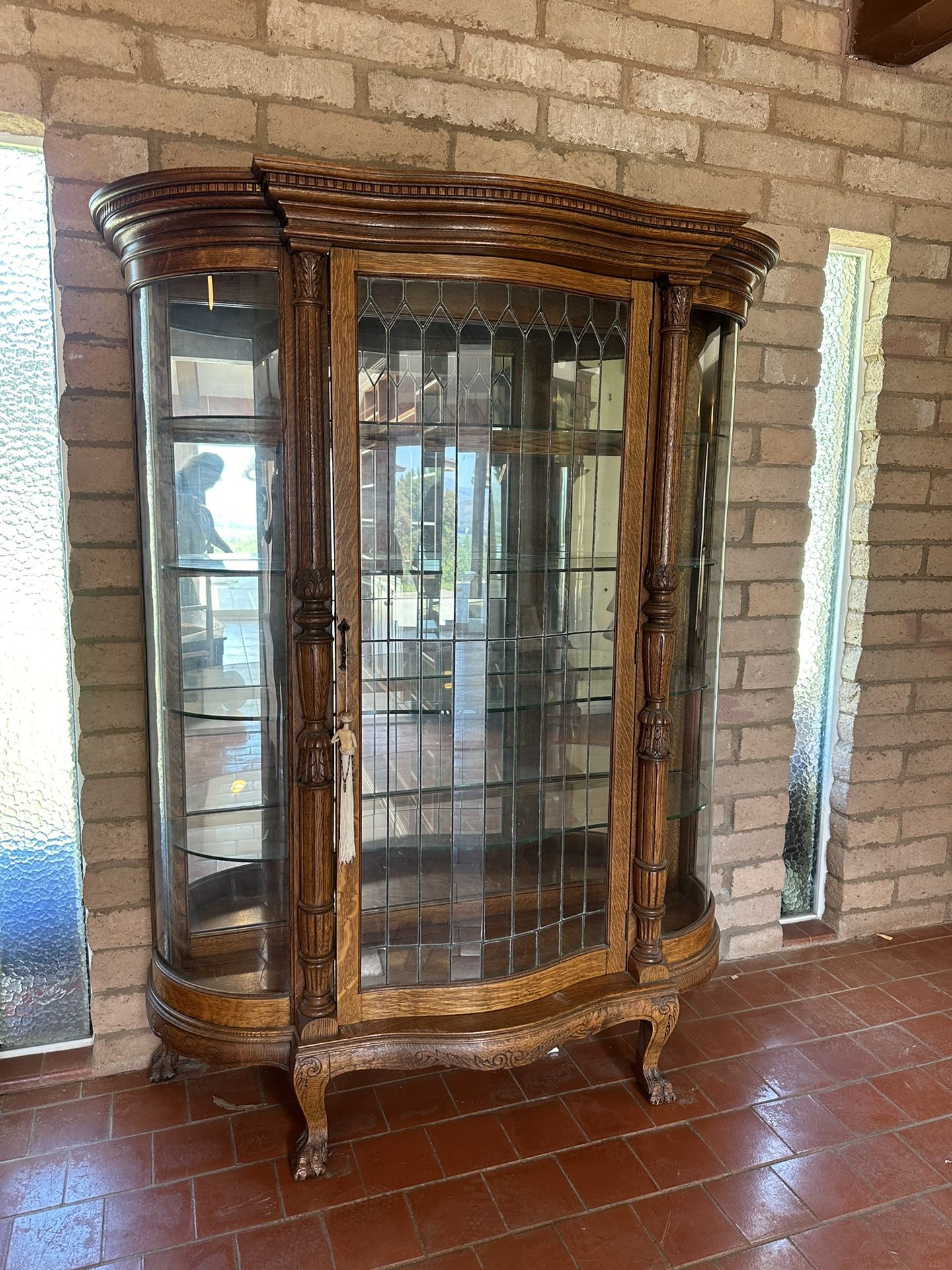 Vintage Oak Wood and Glass Curio Cabinet
