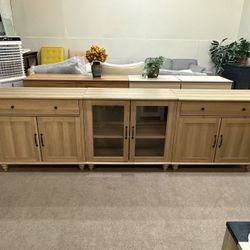 3-in-1, Large Wooden Buffet Cabinet, Modern Coffee Bar Table Wood Kitchen Storage Cabinets, Farmhouse Sideboard Credenza for Dining Room, Oak, 102 inc