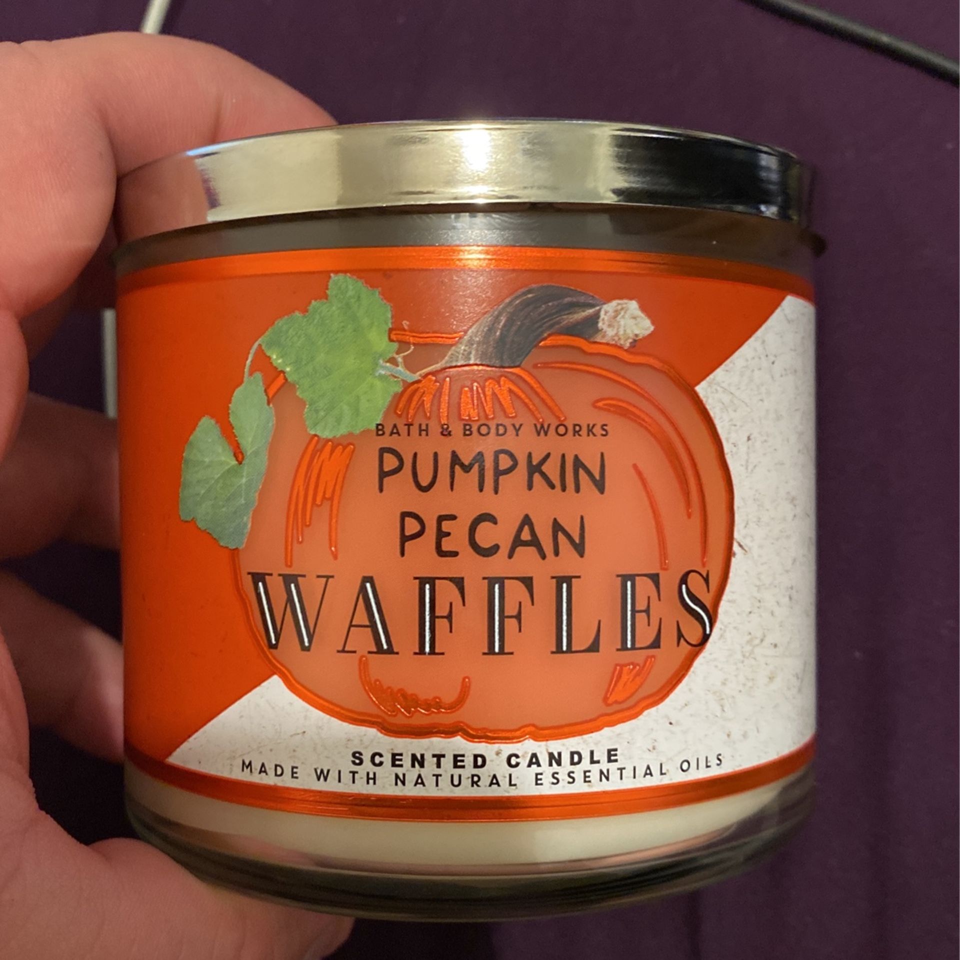 Brand new bath and body work three Wick candle pumpkin pecan waffles