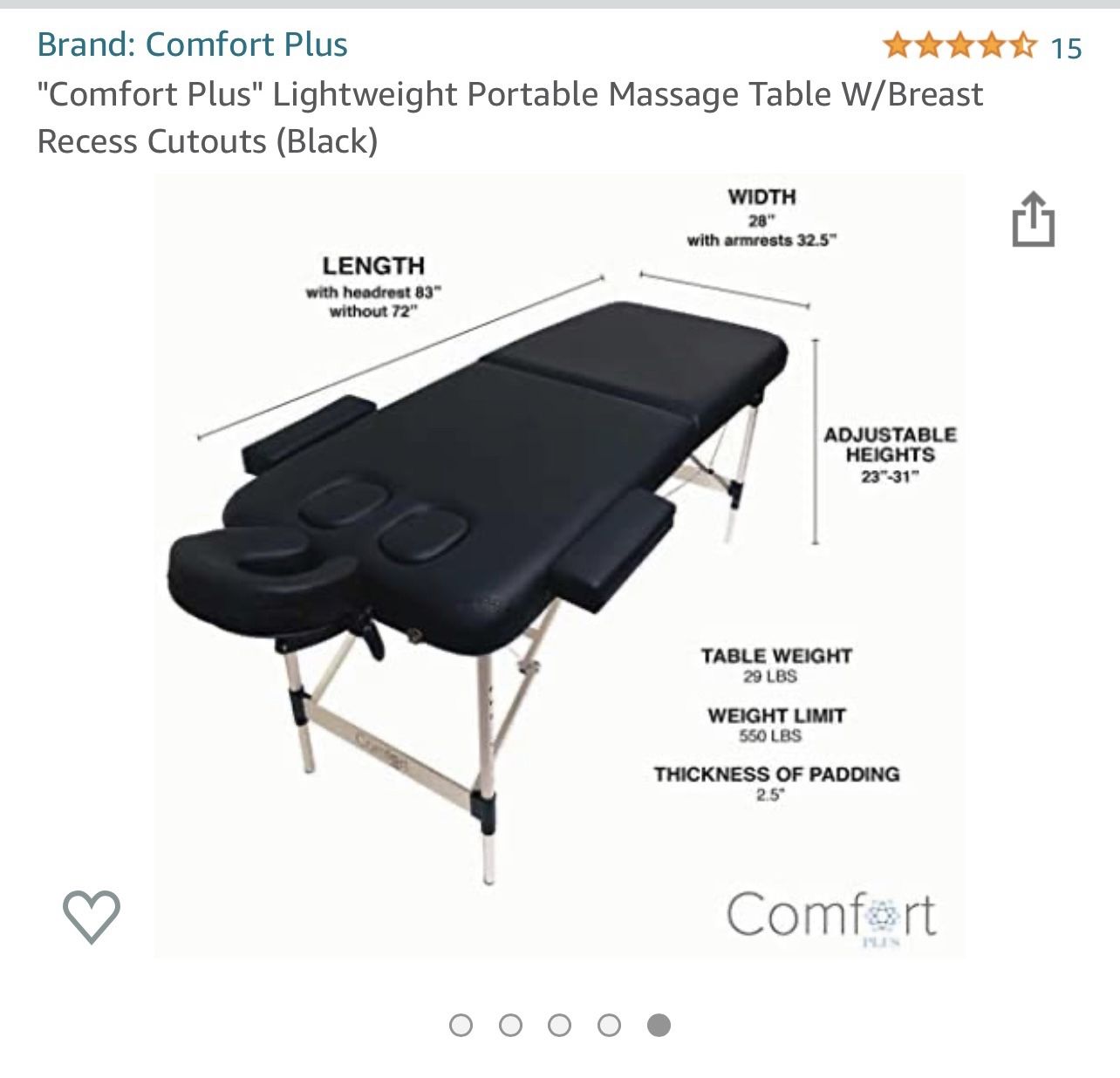 “Comfort Plus” Lightweight Portable Massage Table W/ Breast Recess Cutouts (color Black)