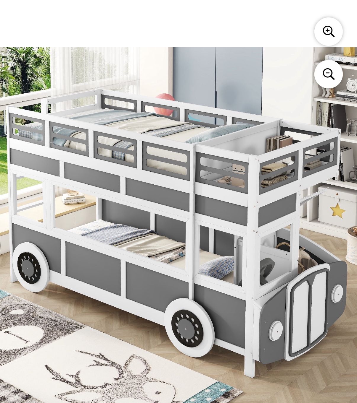 Wood Twin over Twin Bunk Bed, Car Shaped Bus Bed for Kids Teens, Gray+White