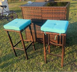 Outdoor Rattan Patio Bar Cabinet Set with 2 Cushioned Barstools