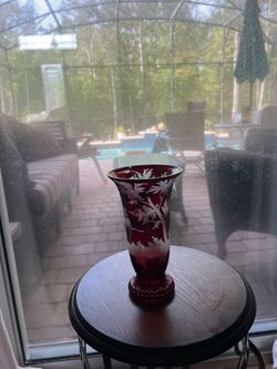 Vintage Egermann Ruby Red Cut Etched Glass Vase with  Bohemian Scene