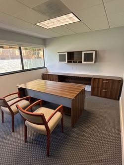 Office furniture set, desk, credenza hutch, and two chair chairs