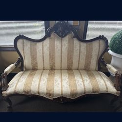 Antique Wood & Silk Sofa, 2 Club Chairs , 6 Chairs 