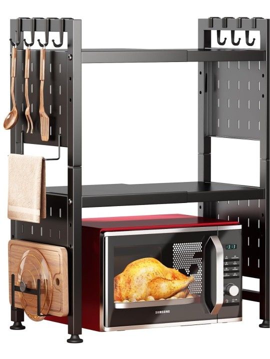 Microwave Stand, 3-Tier Expandable(17.4"- 27.4") Heavy Duty Adjustable Shelf Microwave Oven Rack, Kitchen Countertop Organizer and Storage with 9 Hook