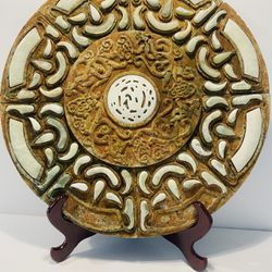 Antique China Jade Zoomorphic Figures and Jade Inserts in Ancient Stone 17” diameter