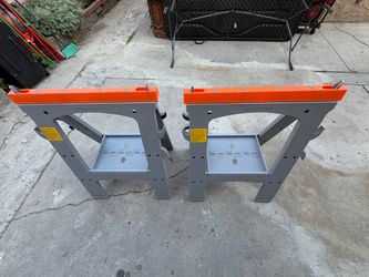 Amazon Basics Rectangular Folding Sawhorse set of two in orange and gray.