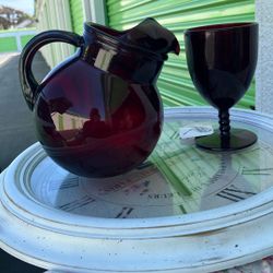 Deep Red Pitcher And Four Goblets