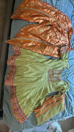 3 Pieces Light Green And Orange Kamez Shalwar