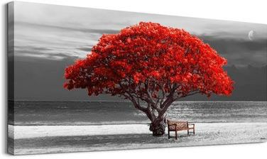 30" x 60" Black and White with Red Trees The Moon Framed Canvas Print Wall Art Décor ⭐NEW IN BOX⭐