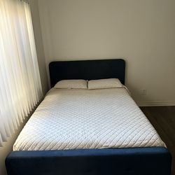 Upholstered Navy Blue Platform Bed Frame & Matress