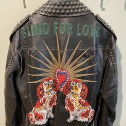 Mens New Gucci Black Leather Biker Jacket Coat 48 Medium
